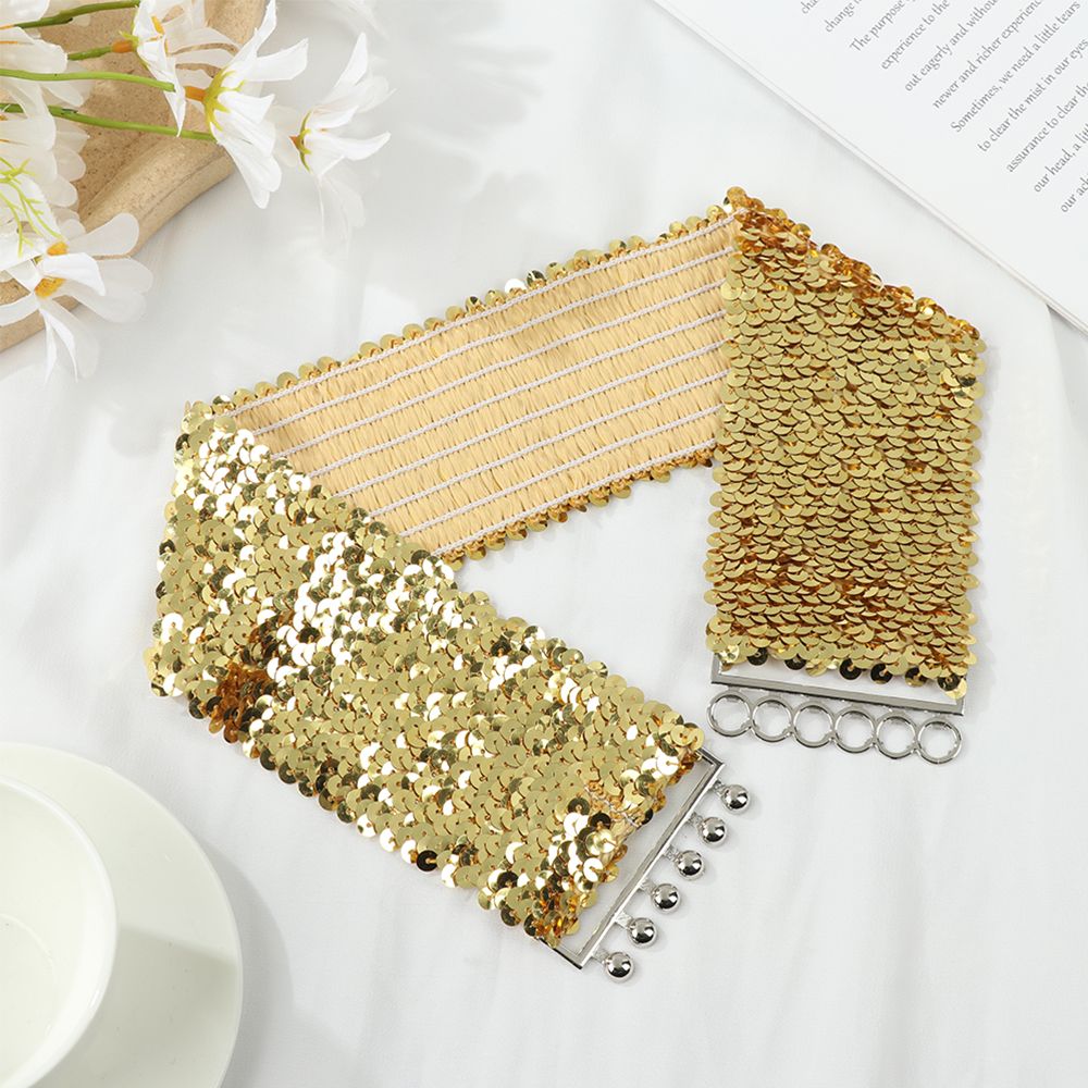 Corset Waist Cinch - เข็มขัดแฟชั่นแบบยืดหยุ่นประดับเลื่อม สายรัดเอวแบบกว้างสำหรับผู้หญิง พร้อมหัวเข็มขัดโลหะ