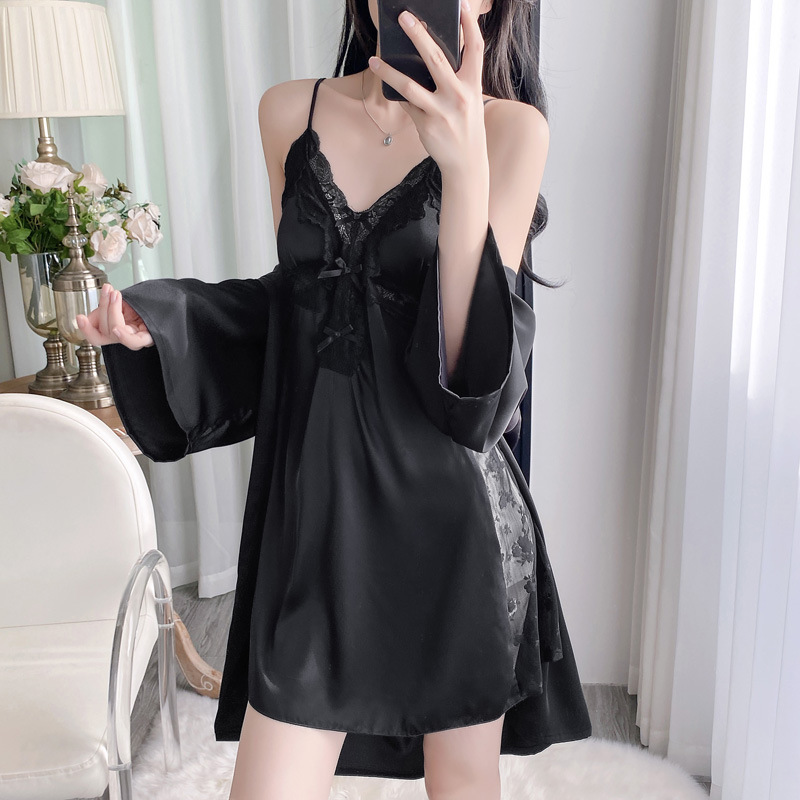 Robe Silk Women - ชุดคลุมอาบน้ำคอวี 2 ชิ้น ชุดนอนผ้าลูกไม้สำหรับผู้หญิง ชุดนอนฤดูใบไม้ผลิ ฤดูร้อน