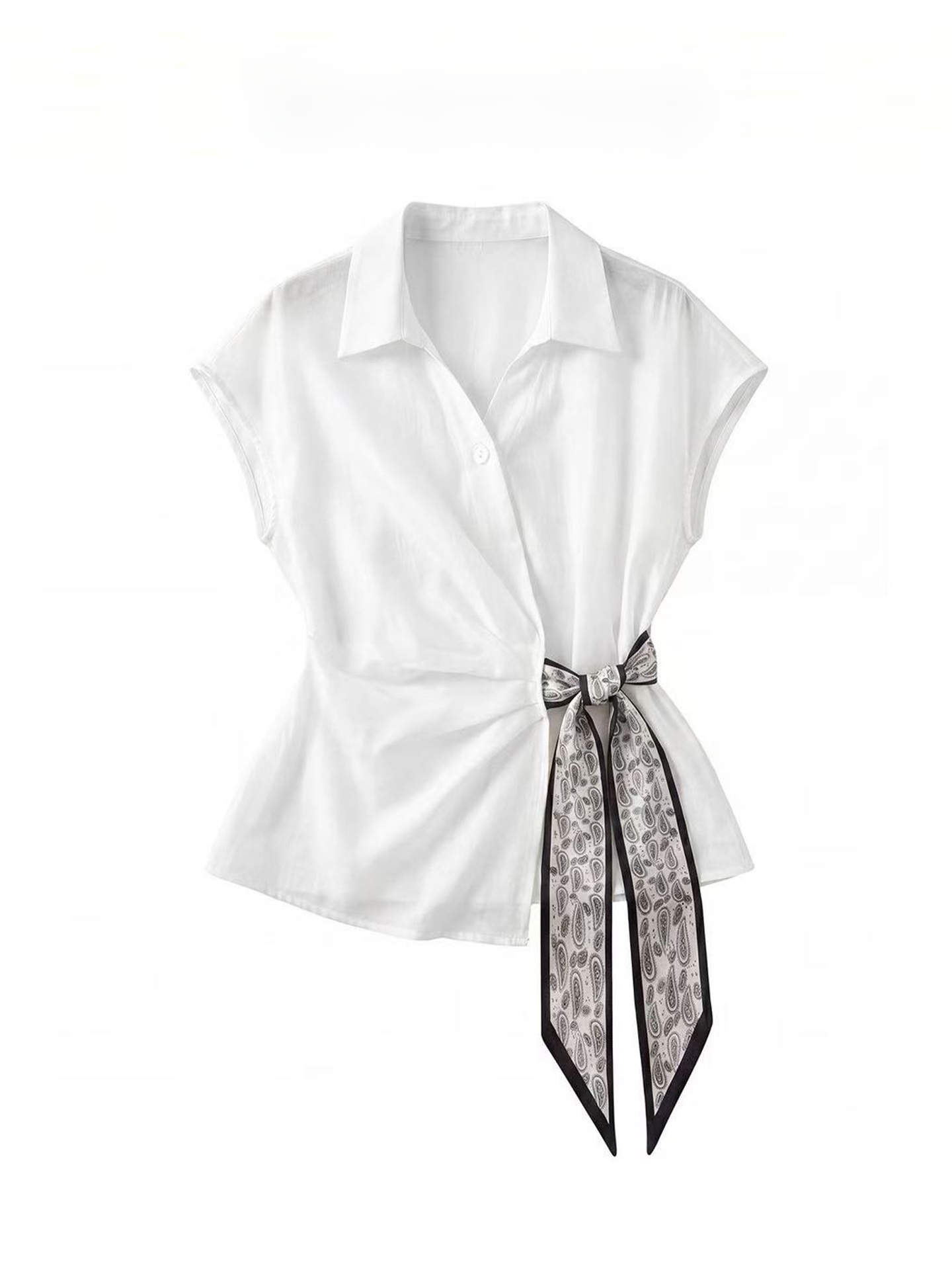 Corset Waist Cinch - เสื้อเชิ้ตแขนสั้นสีขาวหรูหราสำหรับผู้หญิง ดีไซน์มีสไตล์ ผ้าพันคอไหม คาดเข็มขัด กระชับเอว เสื้อผ้าบางเบา